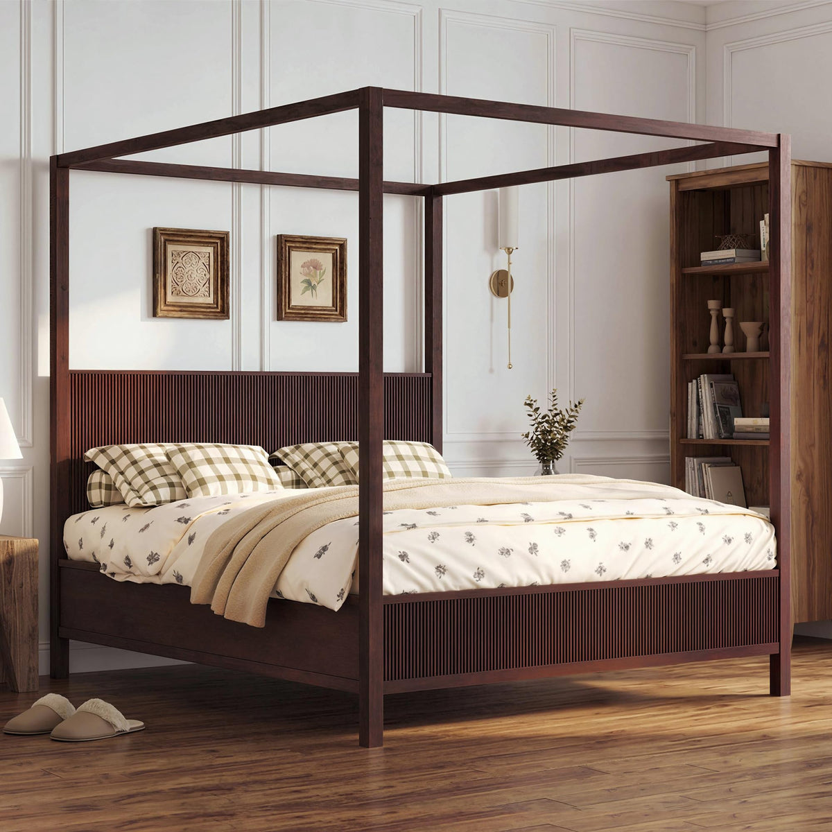 Wooden Canopy Bed Frame with Headboard, Espresso