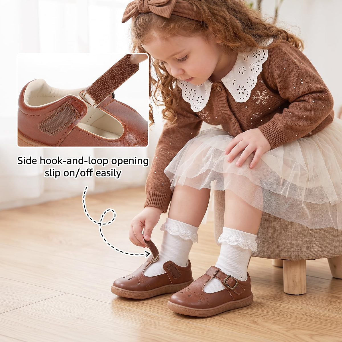 Toddler Girls Mary Jane Dress Shoe Wide Ballet Flats, Brown, 4