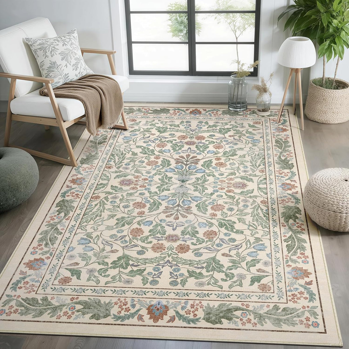 Floral Indoor Entrance Area Rug, Washable Vintage Boho Entryway Rugs, Low Pile Non Slip Soft Carpet for Kitchen