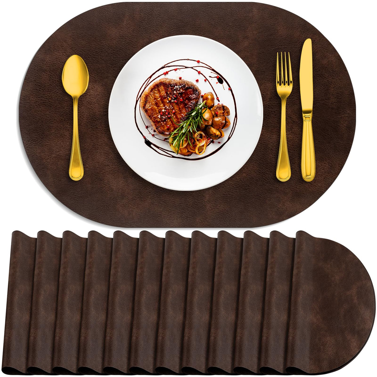 Oval Placemats Set of 12, Wipeable Faux Leather, Coffee