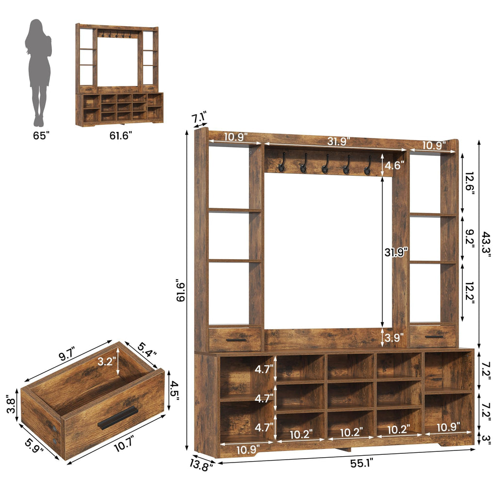 61.6" Farmhouse Hall Tree with 2 Independent Drawers, 6-in-1 Entryway Bench with Coat Rack Adjustable Shoe Storage for