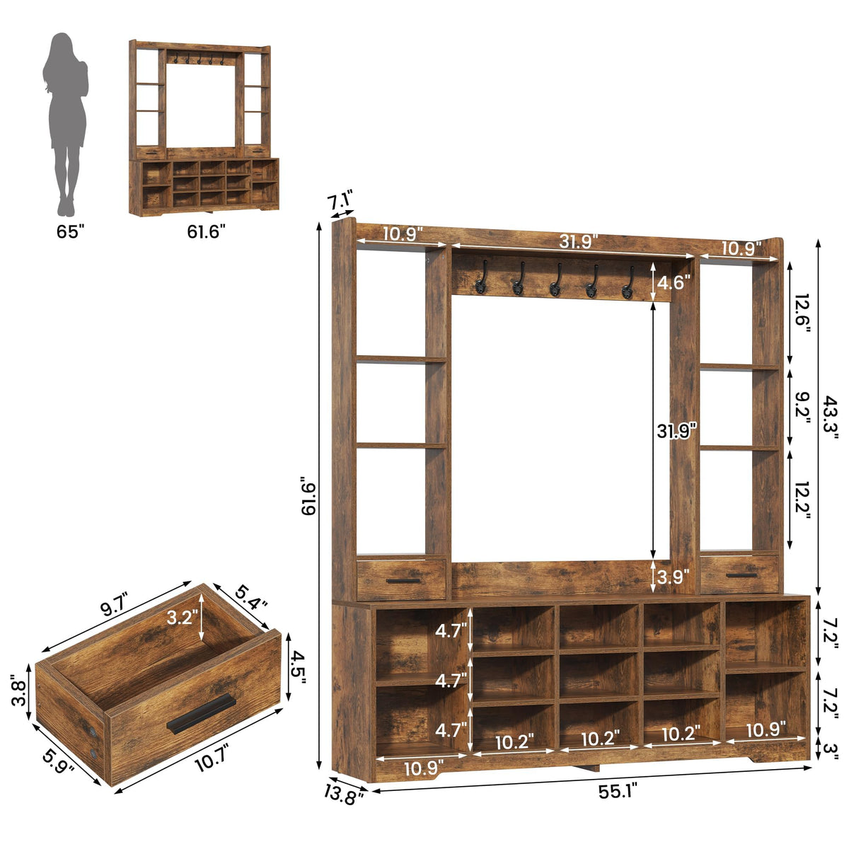 61.6" Farmhouse Hall Tree with 2 Independent Drawers, 6-in-1 Entryway Bench with Coat Rack Adjustable Shoe Storage for