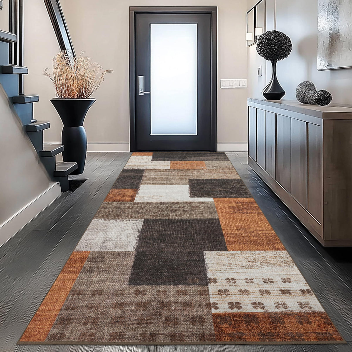 Modern Geometric Patchwork Indoor Runner Rug, Orange Rug Rockwood Collection Hardwood Floors Decor, Throw