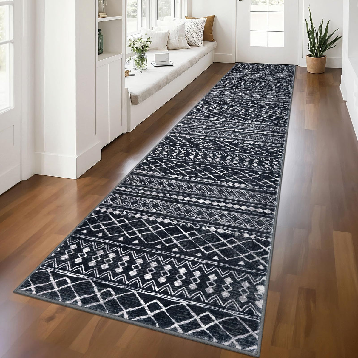Hallway Runner Rug 2.6x12 Washable, Moroccan Vintage Black Boho