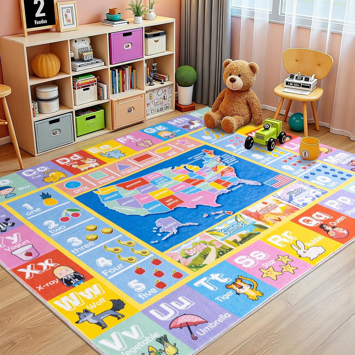 Kids Rugs for Playroom - Soft & Non-Slip Feet Educational Rug for Learning ABC Alphabet, Numbers, Shapes & Map