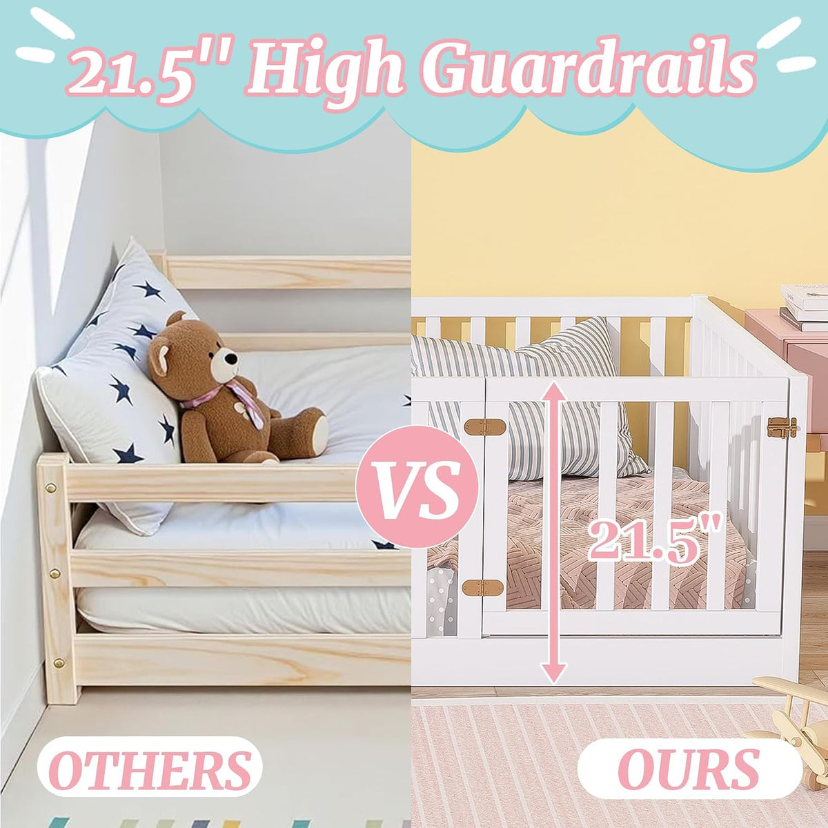 Montessori Floor Bed with High Rails, Door & Slats for Kids, White