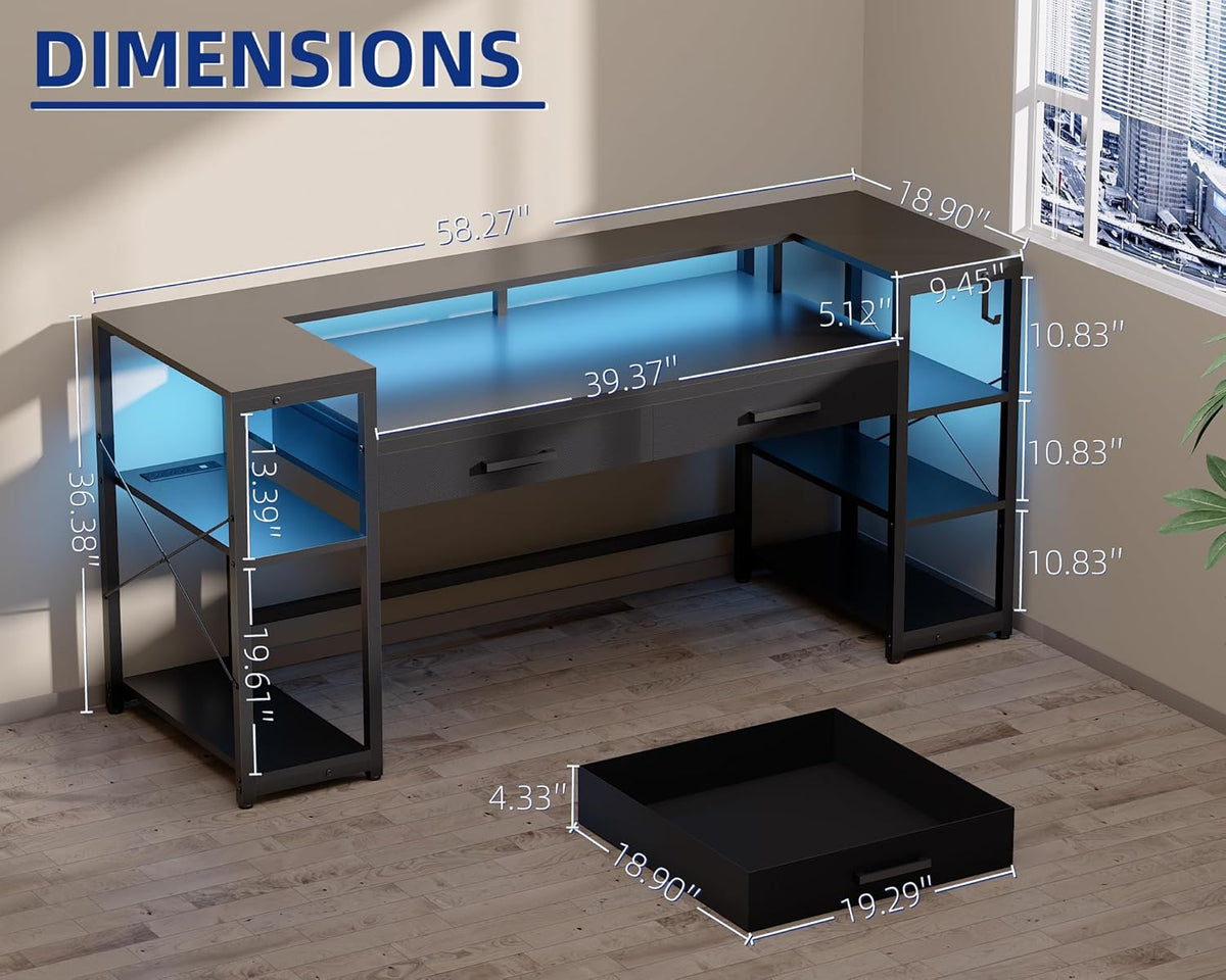 58 Inch Gaming Computer Desk with Monitor Stand Drawers and Shelves | Ample Storage, Large Table with LED Lights &
