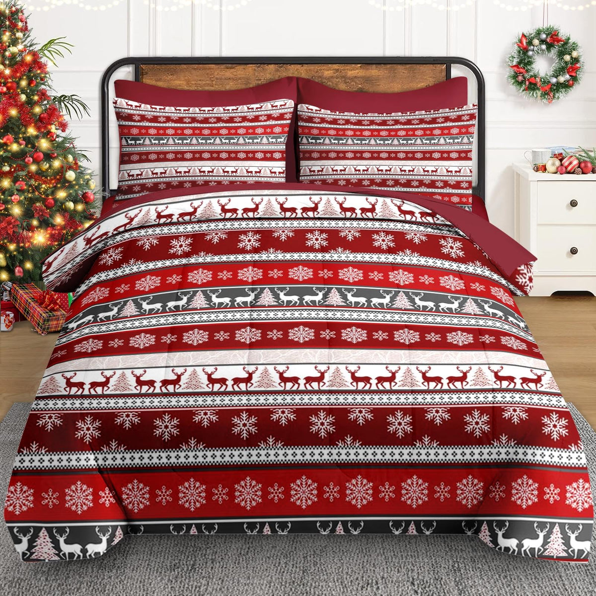 Full Christmas Comforter Set with Sheets, 7 Pieces Boho Bedding