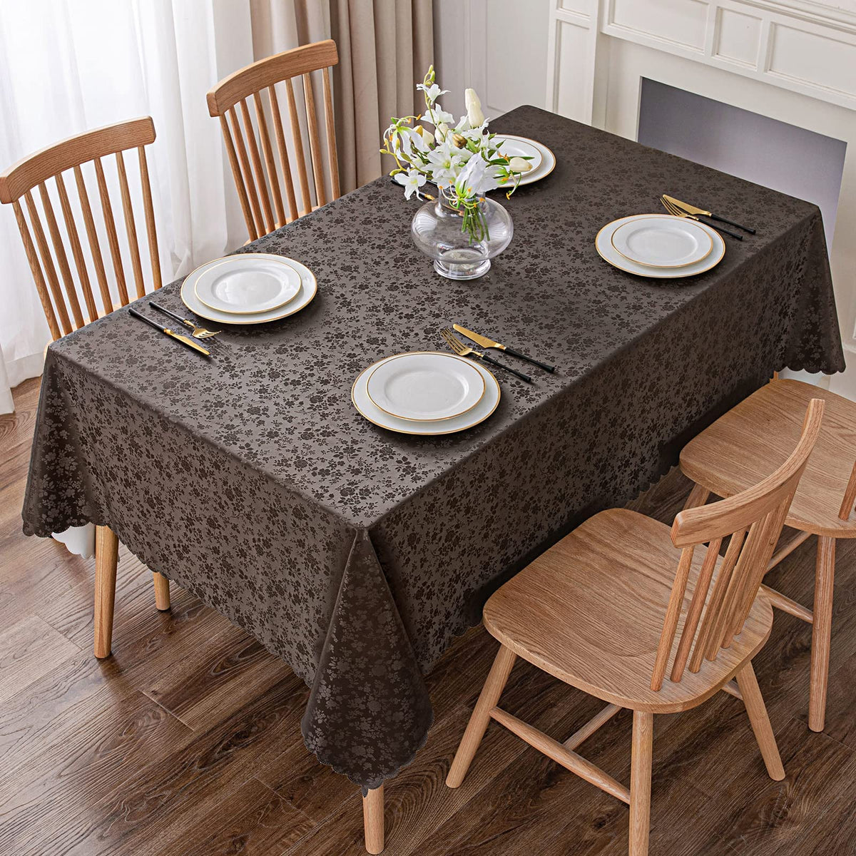 Waterproof Vinyl Tablecloth, Rectangle Heavy Duty Table Cloth, Wipeable Table Cover (Coffee 1, 60X102 Inch)