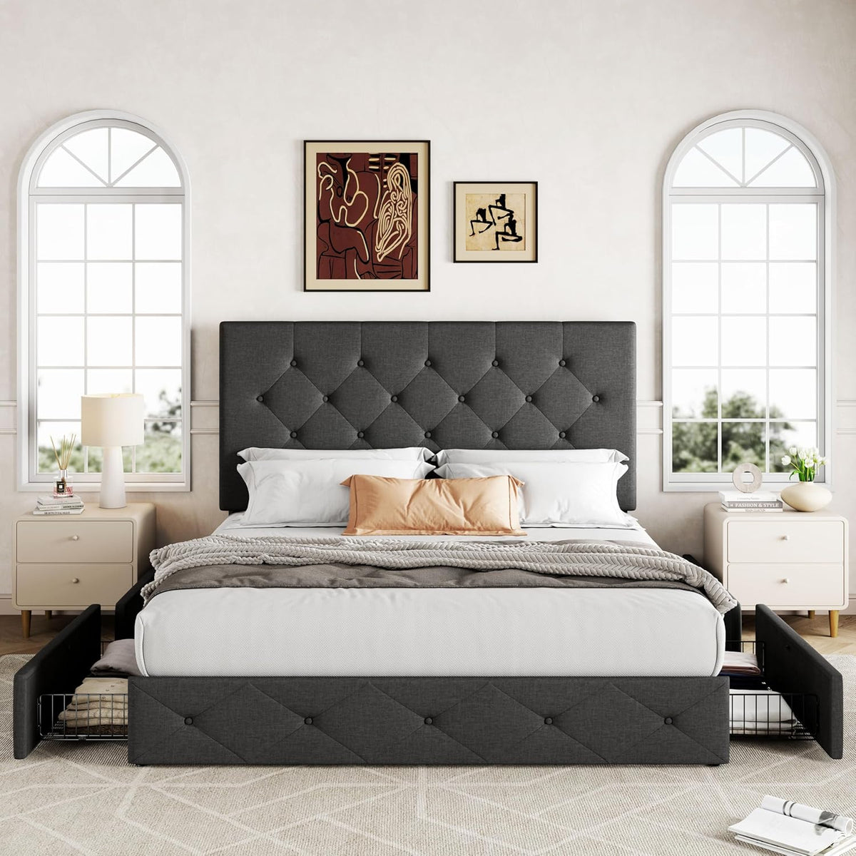 Upholstered Queen Platform Bed Frame with 4 Storage Drawers and Headboard, Diamond Stitched Button Tufted
