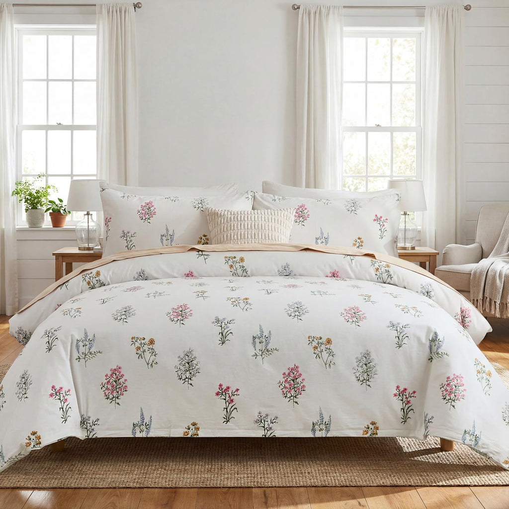 100% Washed Cotton Duvet Cover - Linen Like Reversible Durable Soft Floral Duvet Cover Sets, 3 Pieces White