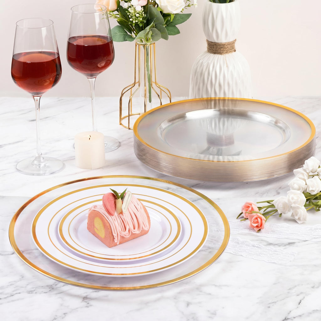 100 Pack 12 Inch Clear Charger Plates with Gold Rim
