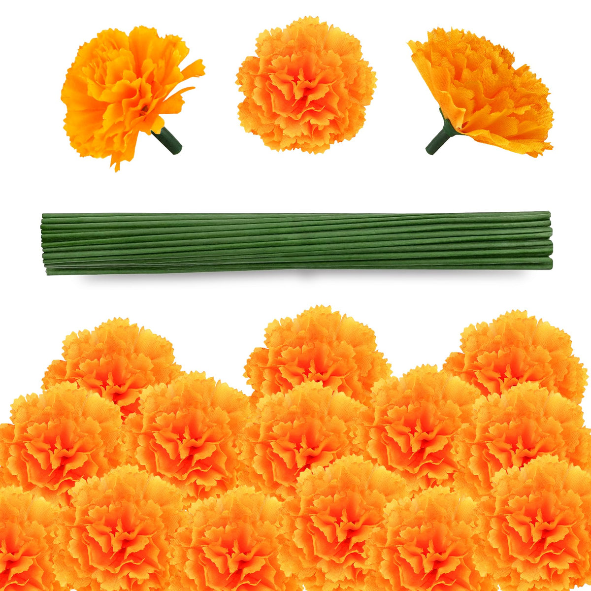80 Pcs Artificial Marigold Flowers, 2" Silk Marigold Flower Heads with Stems, Orange Flowers Artificial for Diwali