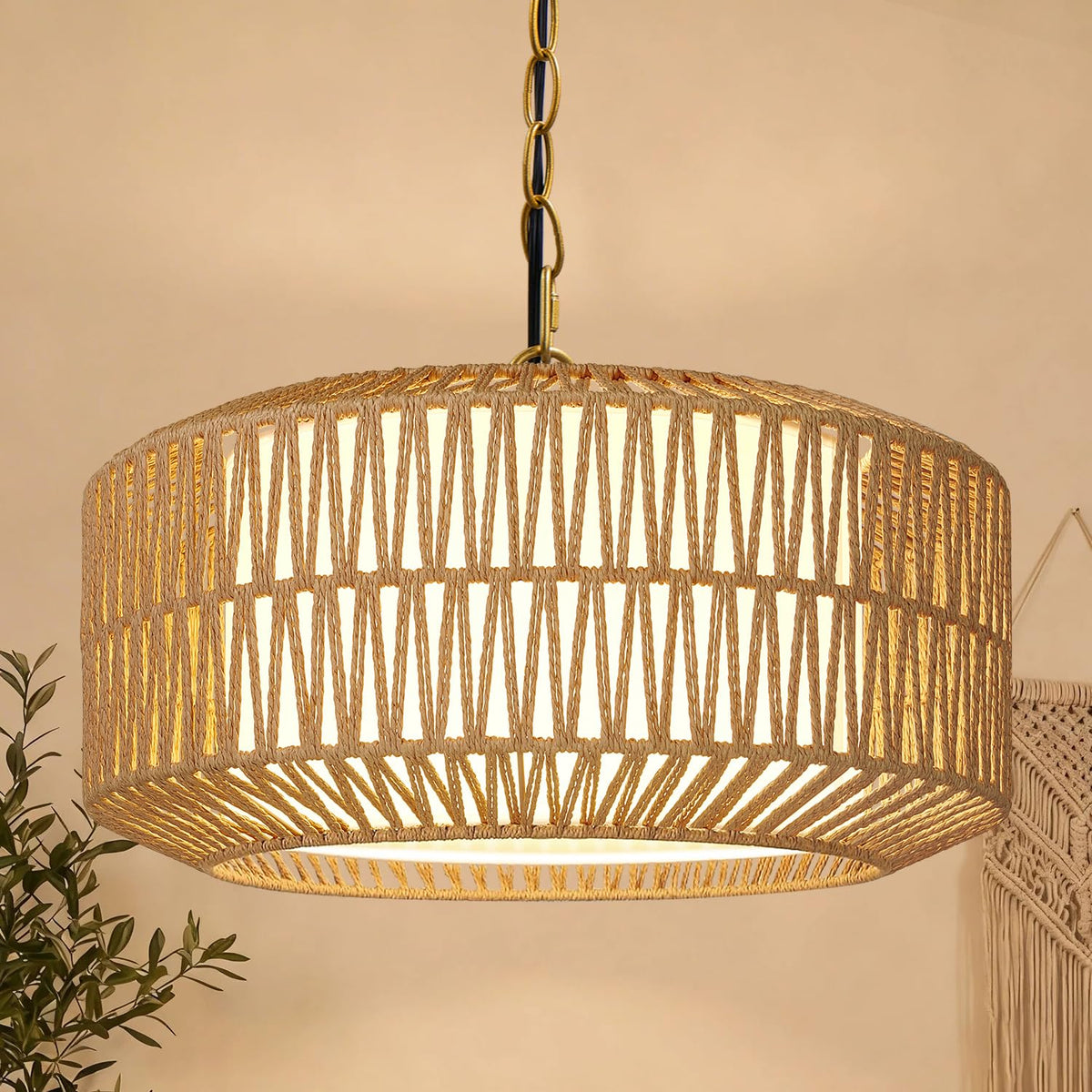 19" Rattan Chandelier, Gold Boho Dining Room Light Fixture
