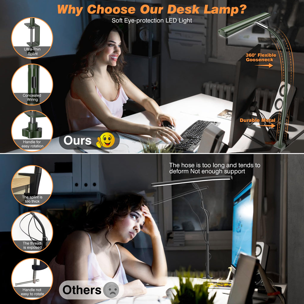 LED Desk Lamp with Clamp, 17" Stepless Dimming Light, Green