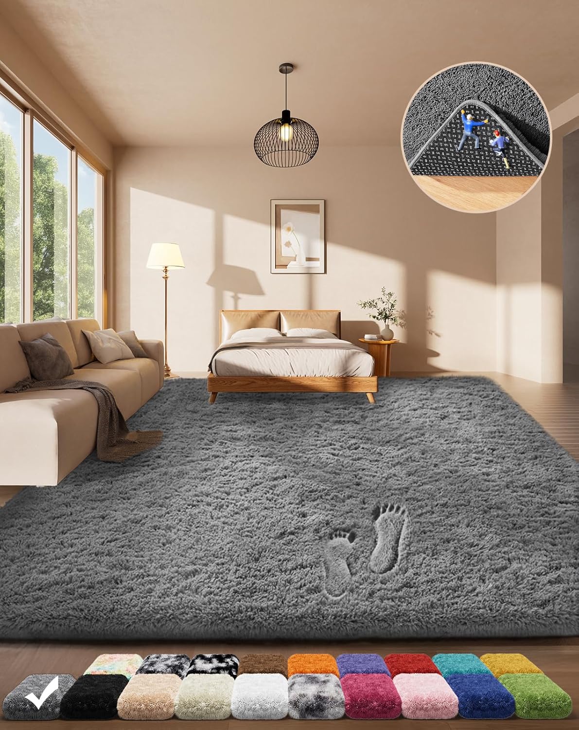 Soft Grey Shag Rug, Fluffy, Washable, and Non-Slip for Bedrooms