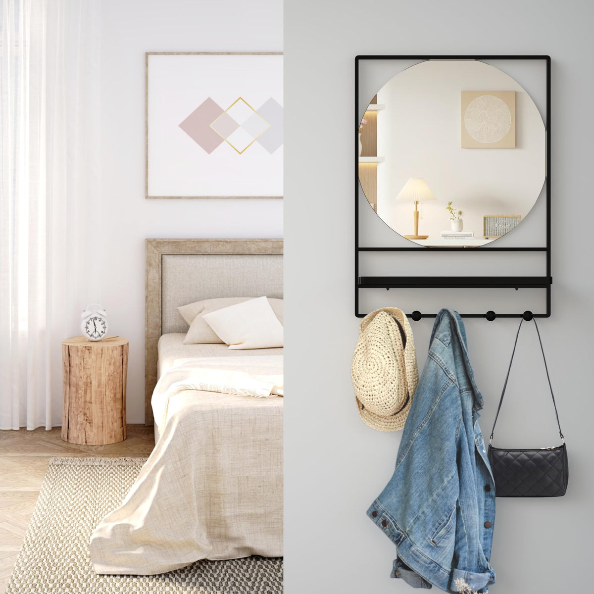 Wall Mirror with Shelf and Hooks, 21" X 28" Metal Framed Bathroom Mirror with Shelf, Decorative Mirror (Black, 21 x