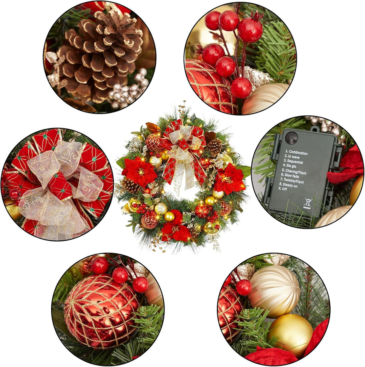 30 Inch Christmas Wreath, Pre-lit Christmas Wreaths for Front Door with 40 LED Lights Pine Cones Red Gold Balls