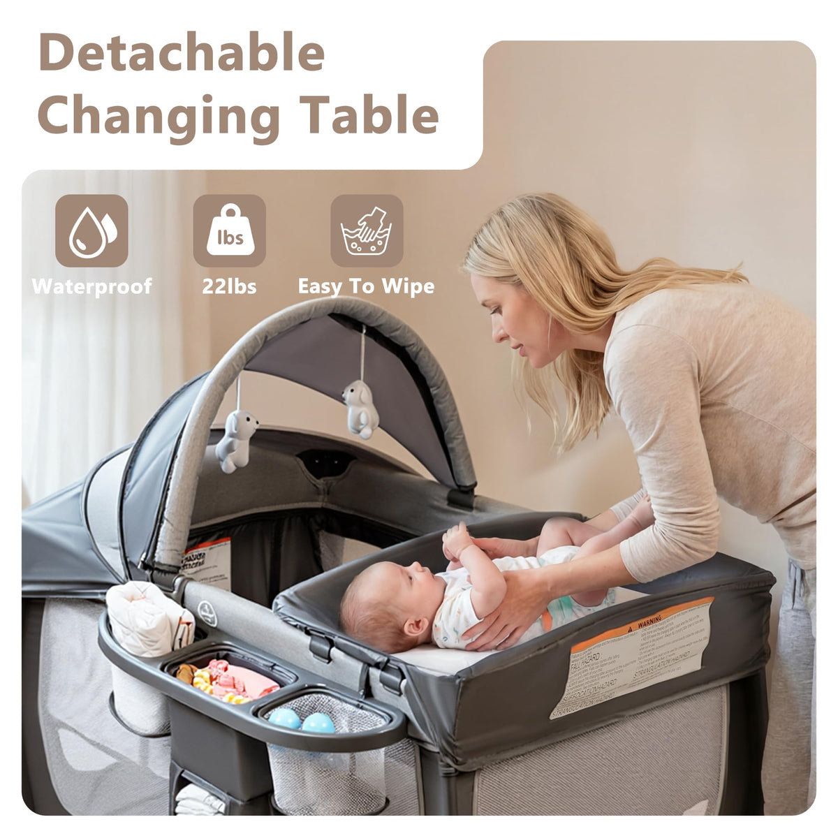 4 in 1 Portable Play Yard, Baby Playard w/Bassinet, Grey