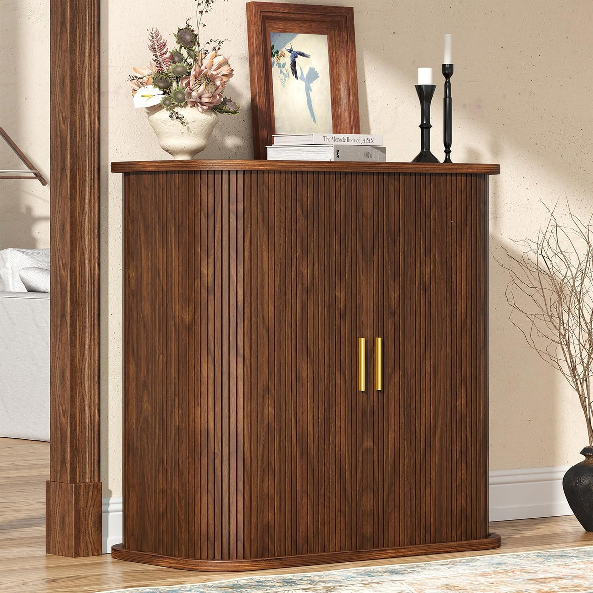 5-Tier Sliding Door Shoe Cabinet, Adjustable Shelves Wooden Shoe Storage with Gold Handle, Mid-Century Modern