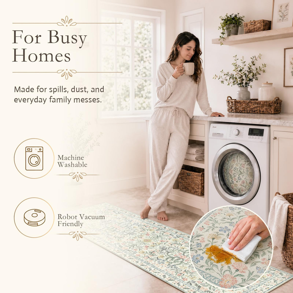 Washable Rug Runner 2'6''x8', Boho Floral Hallway Runner Rug 8ft Long Carpet, Soft Non Slip Ultra-Thin Beige Carpets