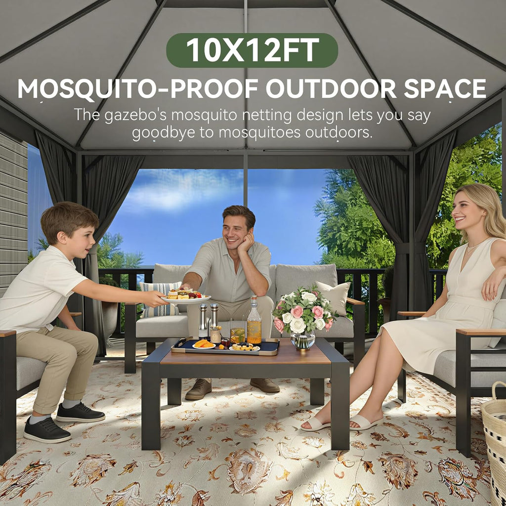 Outdoor Gazebo 10x12, Metal Frame Canopy with Double Roofs