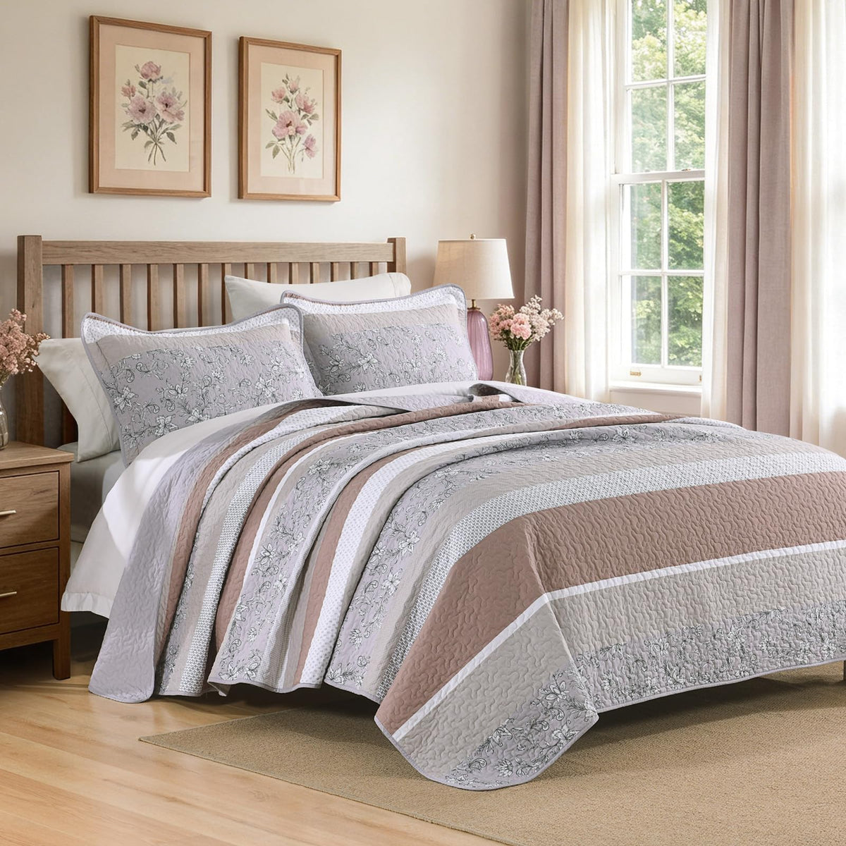 Quilt Set, 100% Cotton, Comforter Set, Farmhouse Botanical Quilted Bedspreads, Bedding Set