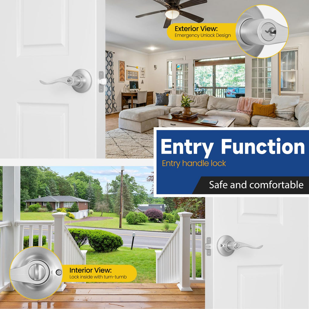 Keyed Entry Door Lever, Door Handle with Lock and Key, Exterior & Interior Door Handle, Wave Style Lever Satin