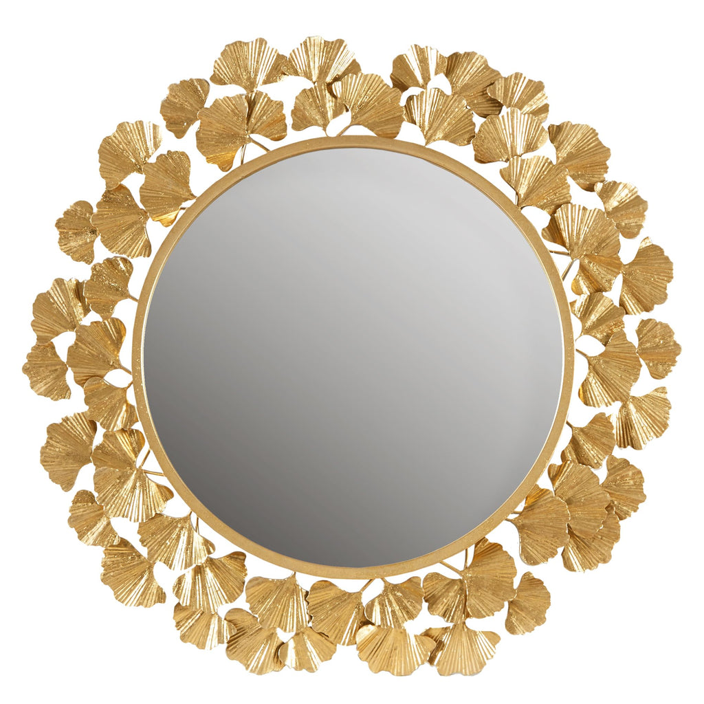 Wall Décor Large Gingko Leaf Round Wall Mirror, Iron Metal Plate Frame Antique Finish, Ready to Hang Bedroom