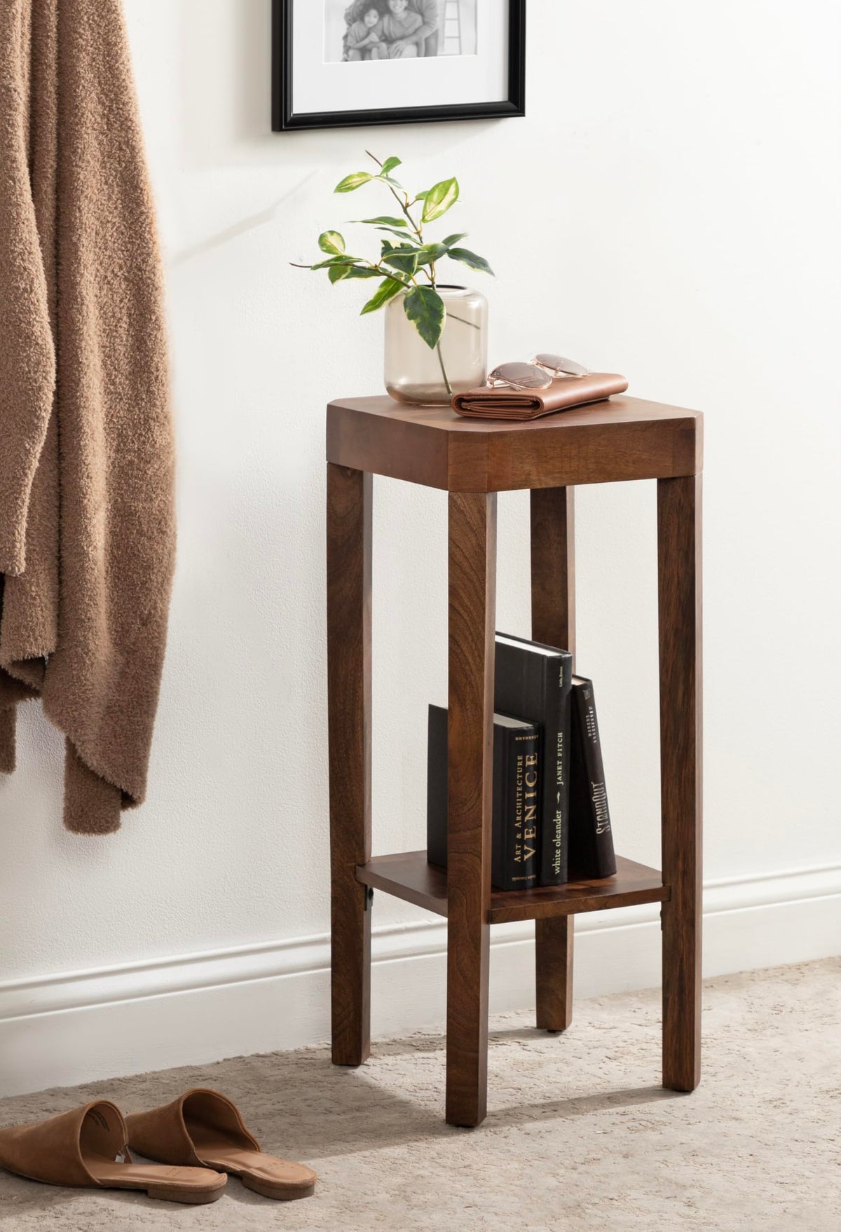 Inspired Saarinen Style Talcott Modern Square Wood Drink Table, 12 x 12 x 28, Walnut Brown, Transitional Decorative Two-Tier Pedestal Table