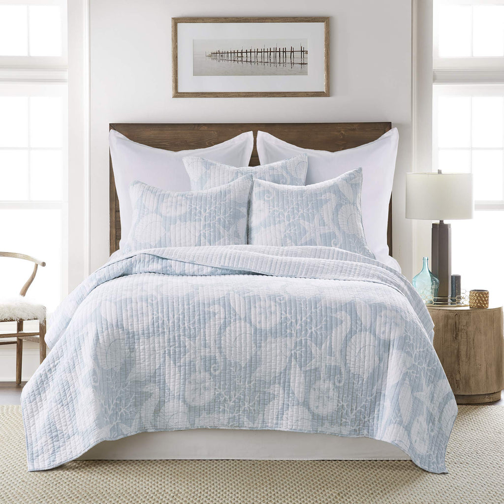 Stillwater Quilt Set - Quilt and Two Shams - Coastal - Blue and White - Quilt (106x92in.) and Shams
