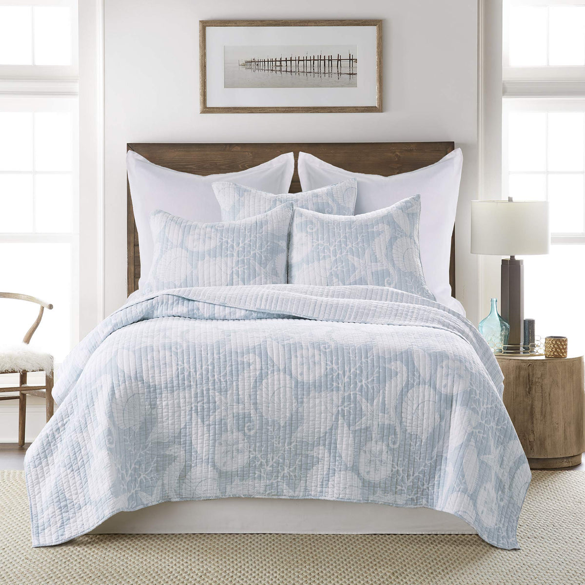 Stillwater Quilt Set - Quilt and Two Shams - Coastal - Blue and White - Quilt (106x92in.) and Shams