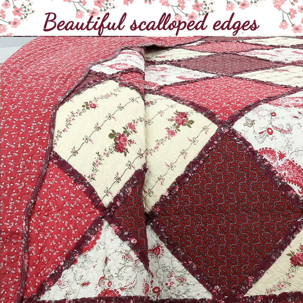 100% Cotton True Patchwork Reversible Red Floral Paisley Rag Ruffle Farmhouse Quilt Bedding Set, Coverlet Bedspread