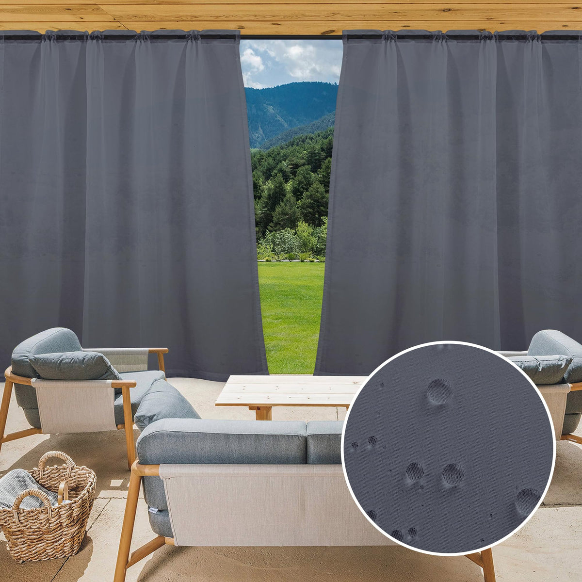 2 Panels Outdoor Sheer Curtains, Gray Privacy Curtains Waterproof, Indoor Outdoor Drapes for Gazebo Pergola Balcony