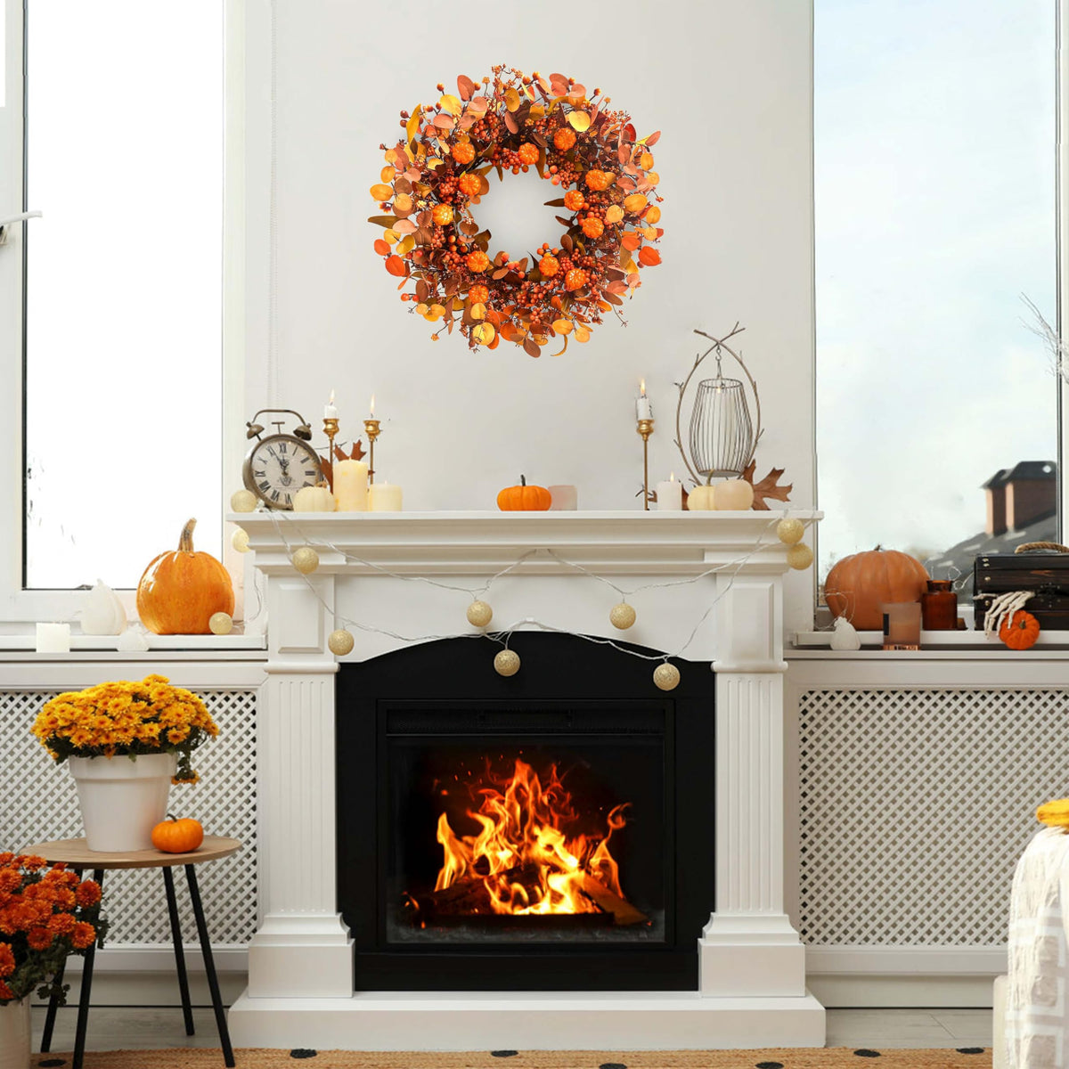 Fall Wreath 22 Inch Fall Wreaths for Front Door Autumn Pumpkin Wreaths with Orange Eucalyptus Leaves and Berries for