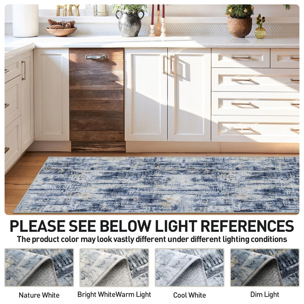 2'6''x8' Runner Rugs Washable Rug: Modern Abstract Hallway Blue Gold Carpet