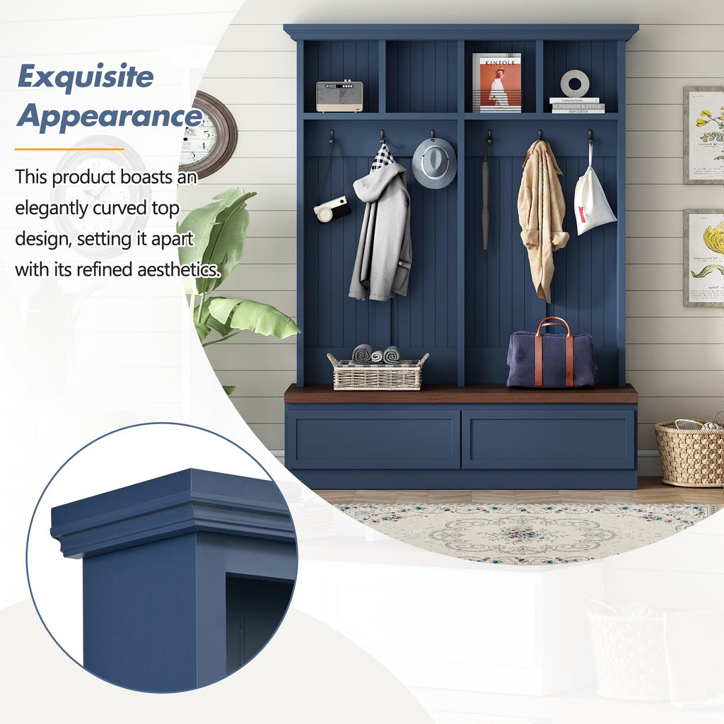 Farmhouse 4-in-1 Hall Tree with Bench and Storage, 55.9 Coat Rack with 6 Hooks, 2 Large Drawers and 4 Open Cubbies