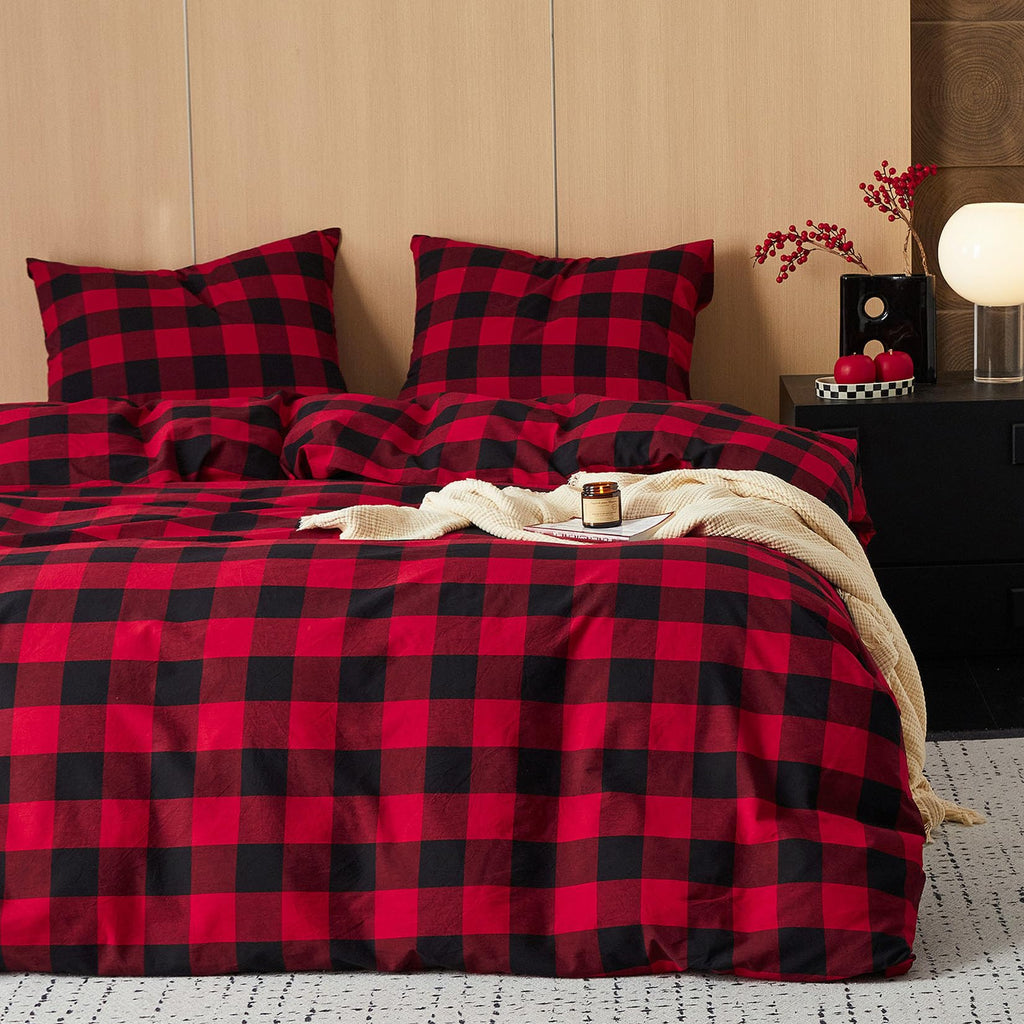 Gingham Cotton Duvet Cover Set, Plaid Buffalo Check Checkered Farmhouse, 100% Washed Cotton Textured Bedding Set, 3