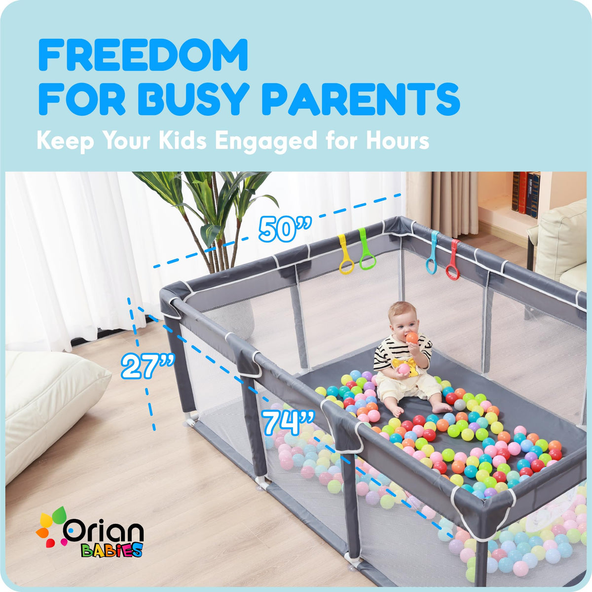 Baby Playpen 50x74, Large Baby Play Yard for Babies & Toddlers, Grey