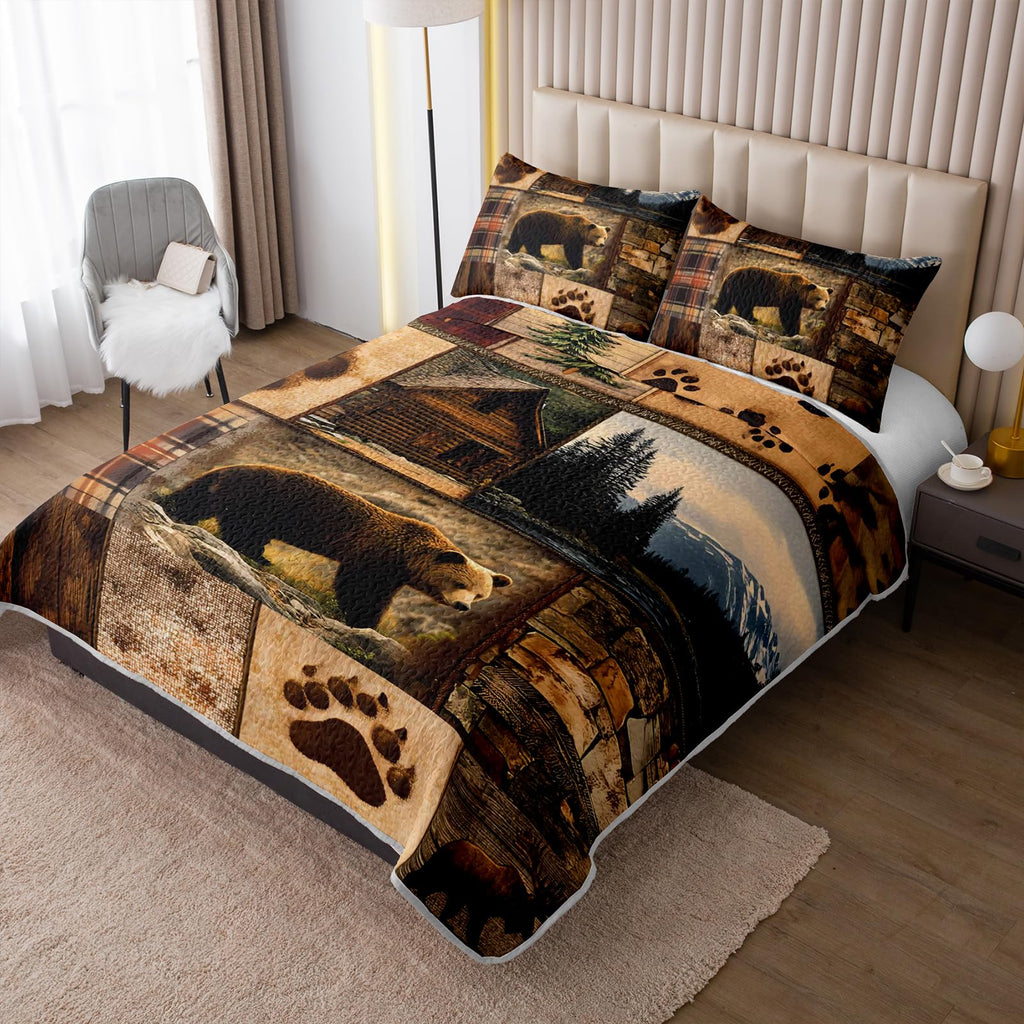 Rustic Brown Bear Quilts Bedding 3Pcs Wild Animal Deer Quilt Bed Set