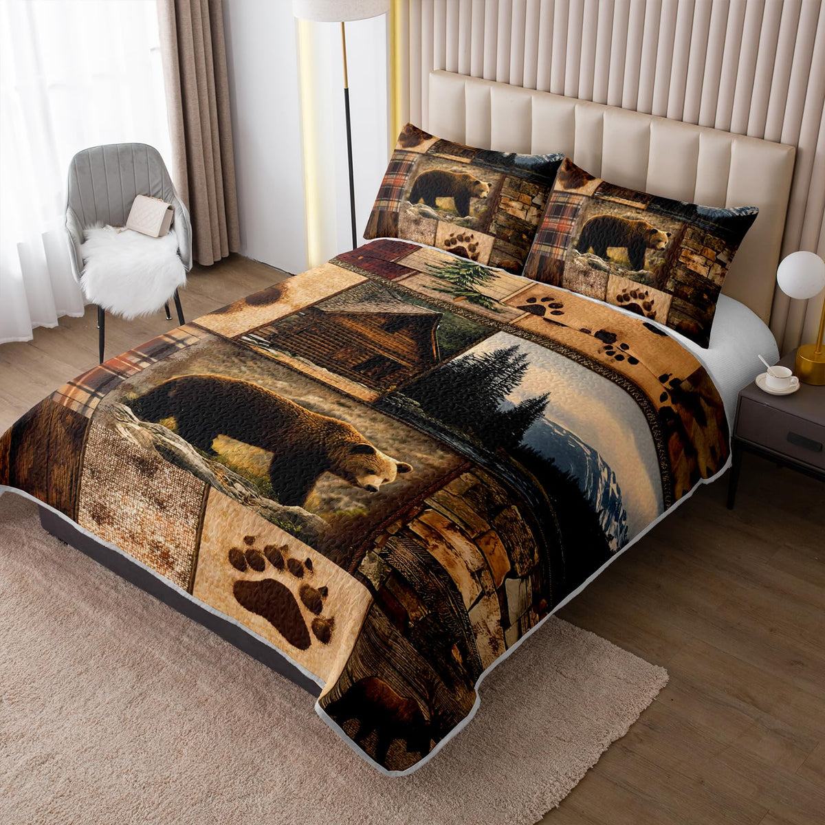 Rustic Brown Bear Quilts Bedding 3Pcs Wild Animal Deer Quilt Bed Set