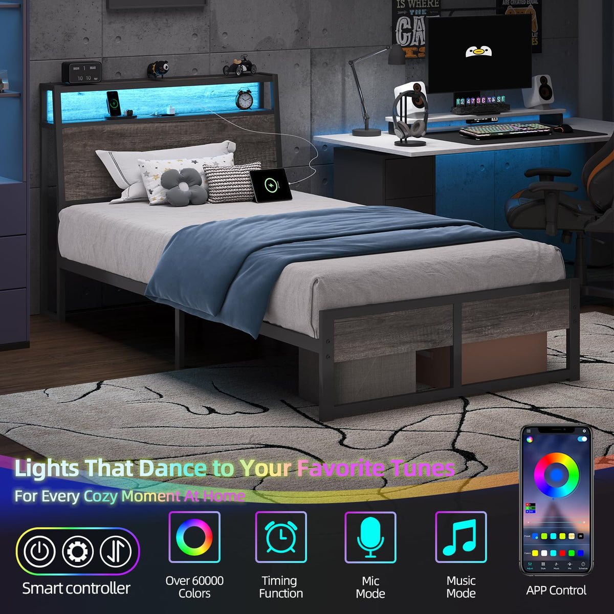 Bed Frame with LED Lights and Charging Station, Farmhouse Metal Platform Bed Frame with Storage Headboard