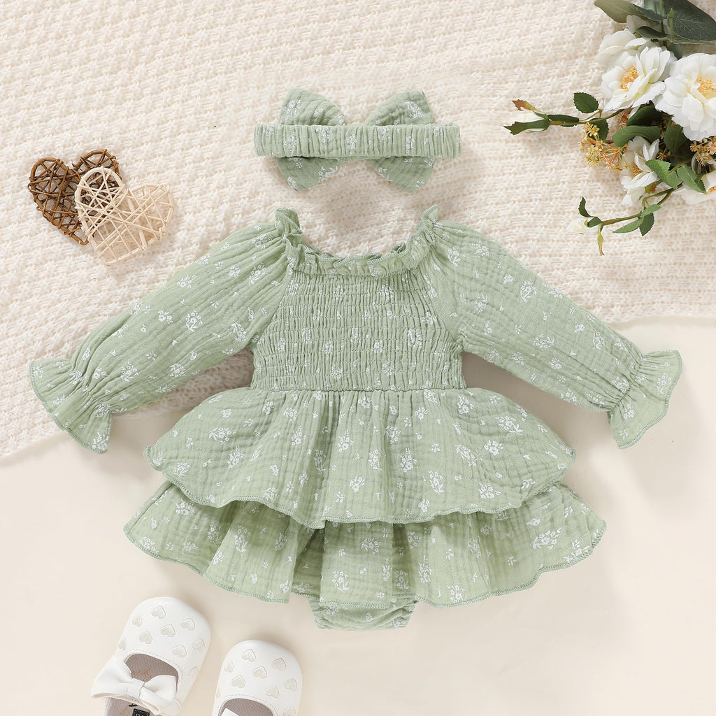 Baby Girl Romper Cute Infant Girls Cotton Clothes Long Sleeve Dress with Headband Fall Winter Outfits