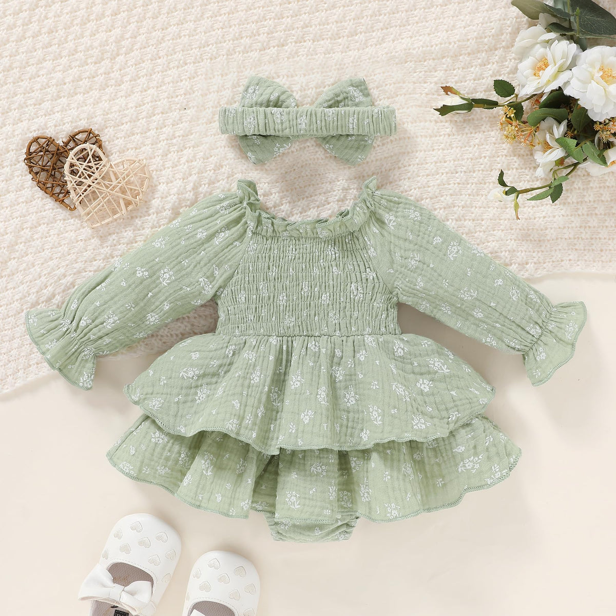 Baby Girl Romper Cute Infant Girls Cotton Clothes Long Sleeve Dress with Headband Fall Winter Outfits