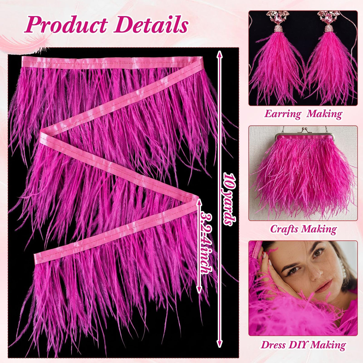 Ostrich Feathers Trims 3-4 Inch Feathers Fringe, Hot Pink - 10 Yards