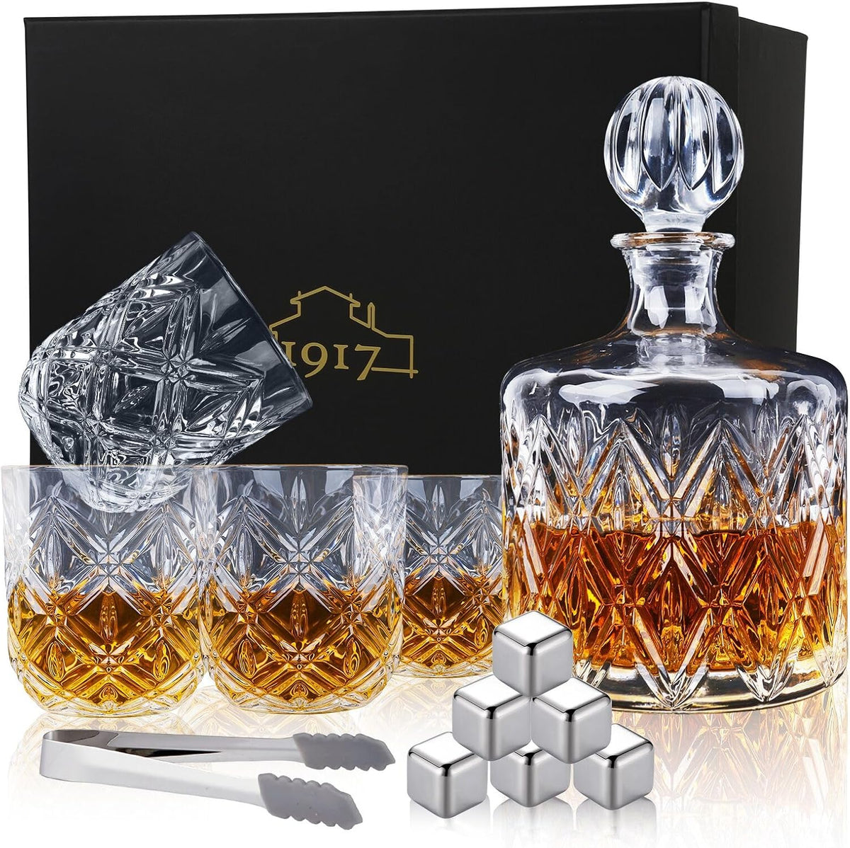Lead-Free Crystal Whiskey Decanter Set, 37 oz, 4 Glasses, Premium Gift Box for Bourbon, Scotch & Home Bar