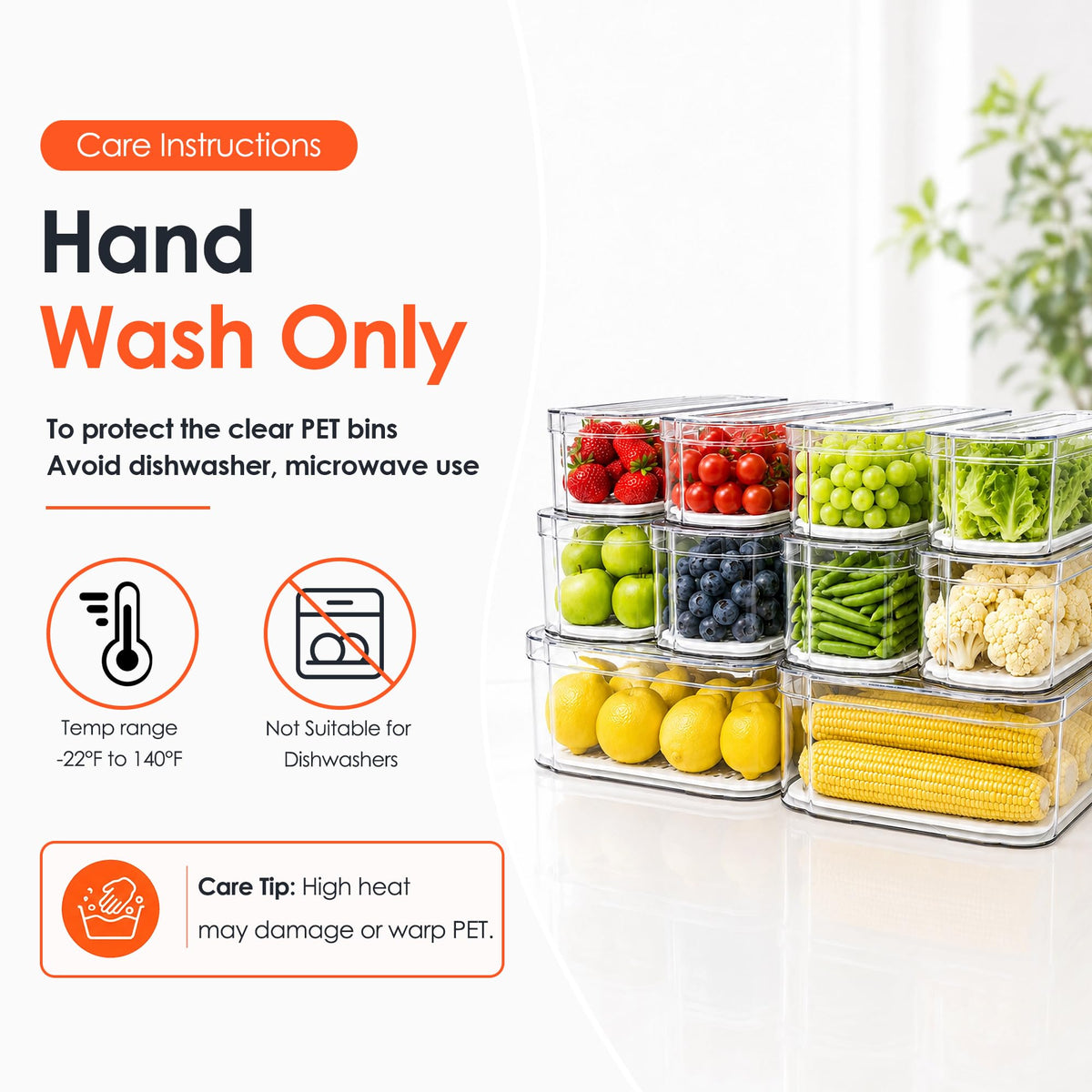 10 Pack Clear Fridge Organizer Bins with Drain Trays - Stackable