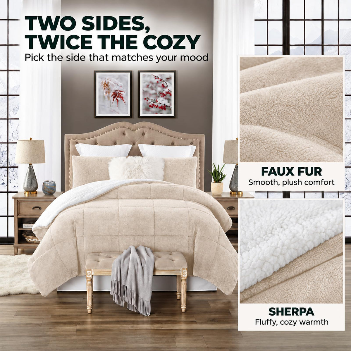 Comforter Set, Faux Fur Sherpa, Coconut Milk
