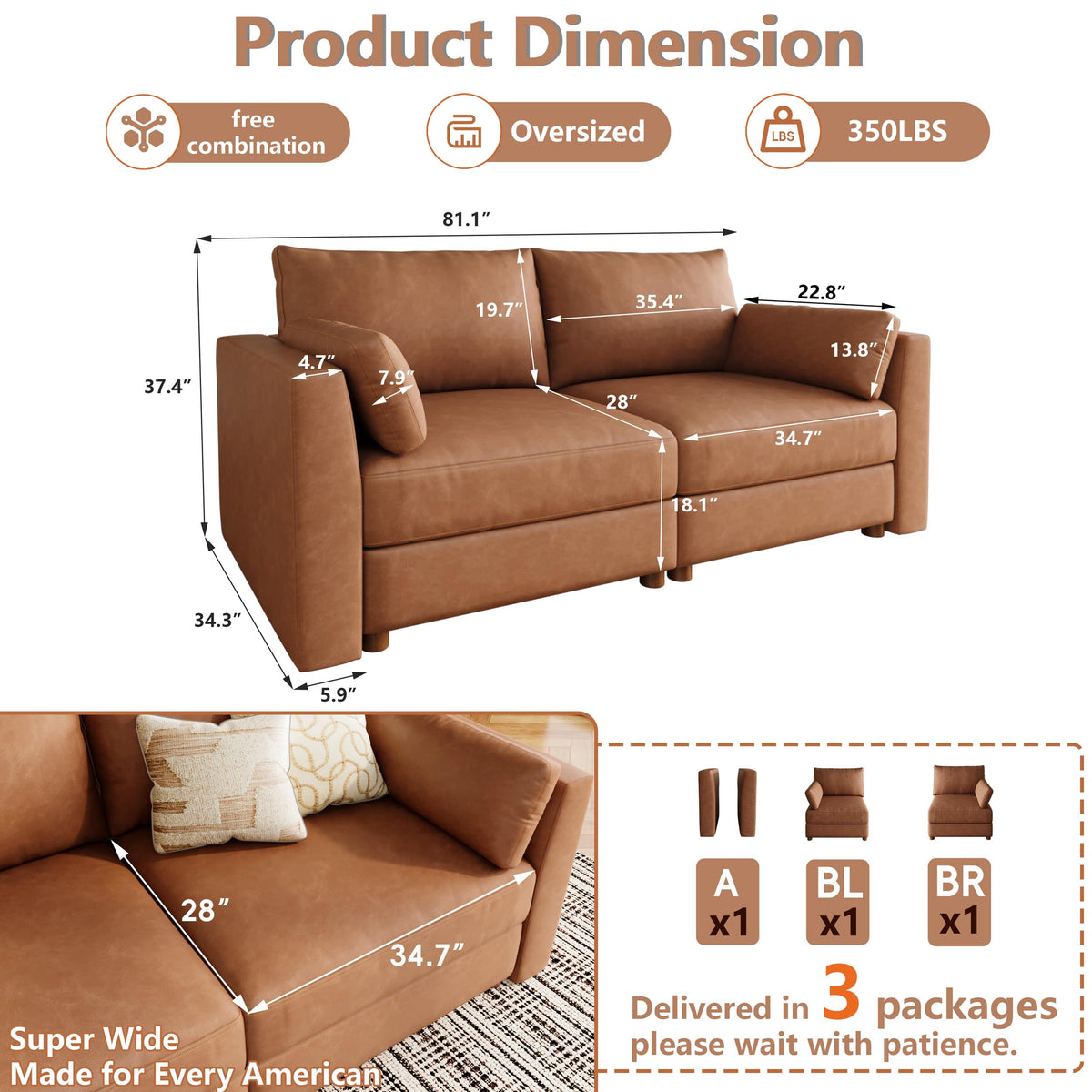 Faux Leather Modular Sectional Sofa Wide U Shaped Couches Brown