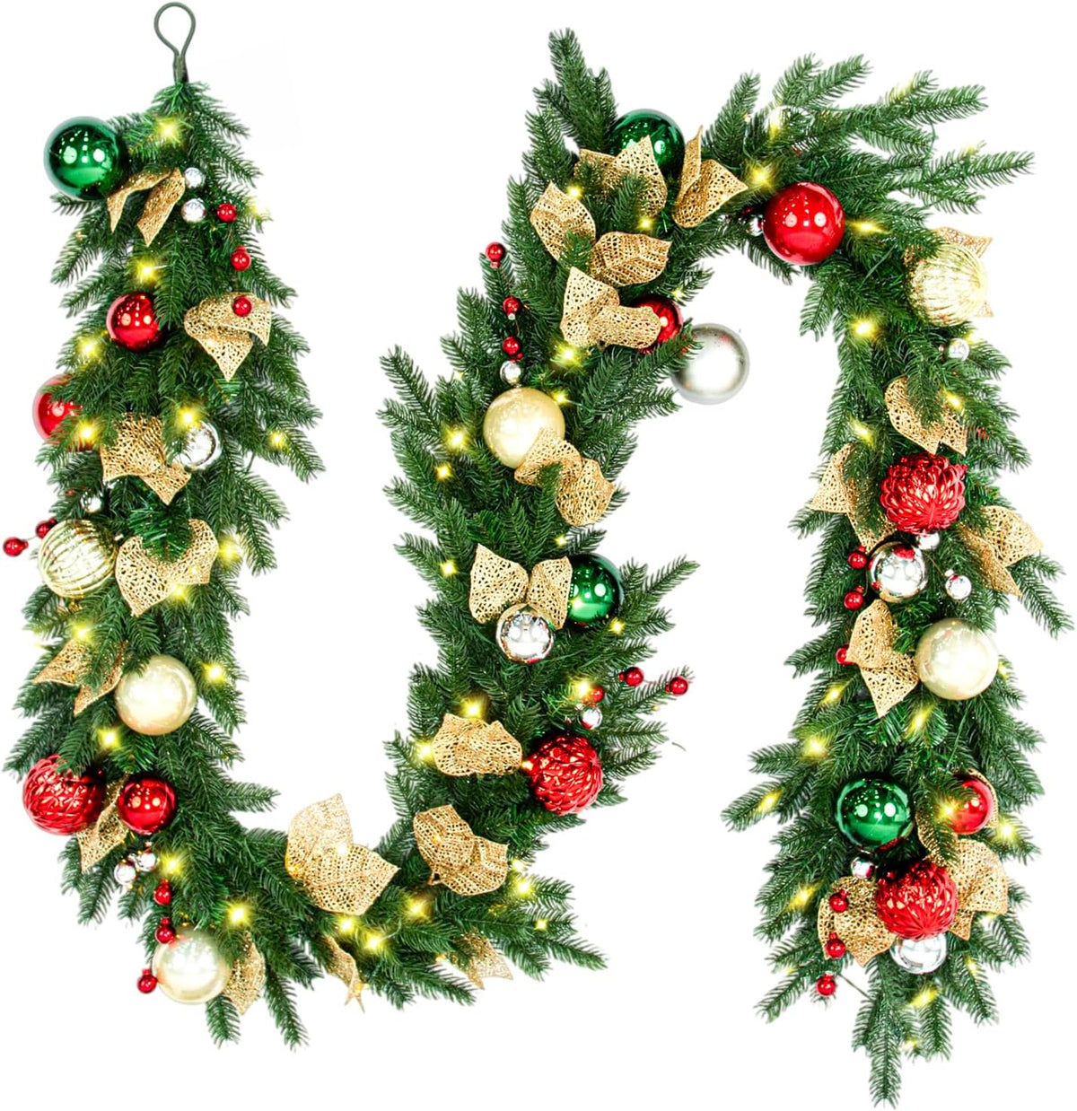 9 FT Pre-Lit Christmas Garland with 80 Warm White LED Lights and Timer, Battery Operated Artificial PE & PVC Garland